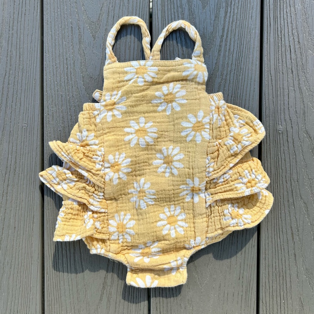 Angel Dear yellow floral muslin ruffle sun suit